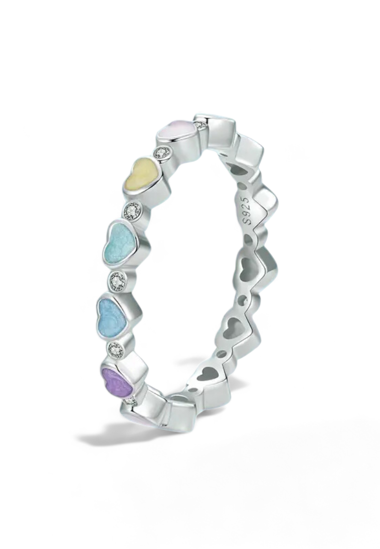 925 Sterling Silver Colorful Heart Beaded Ring