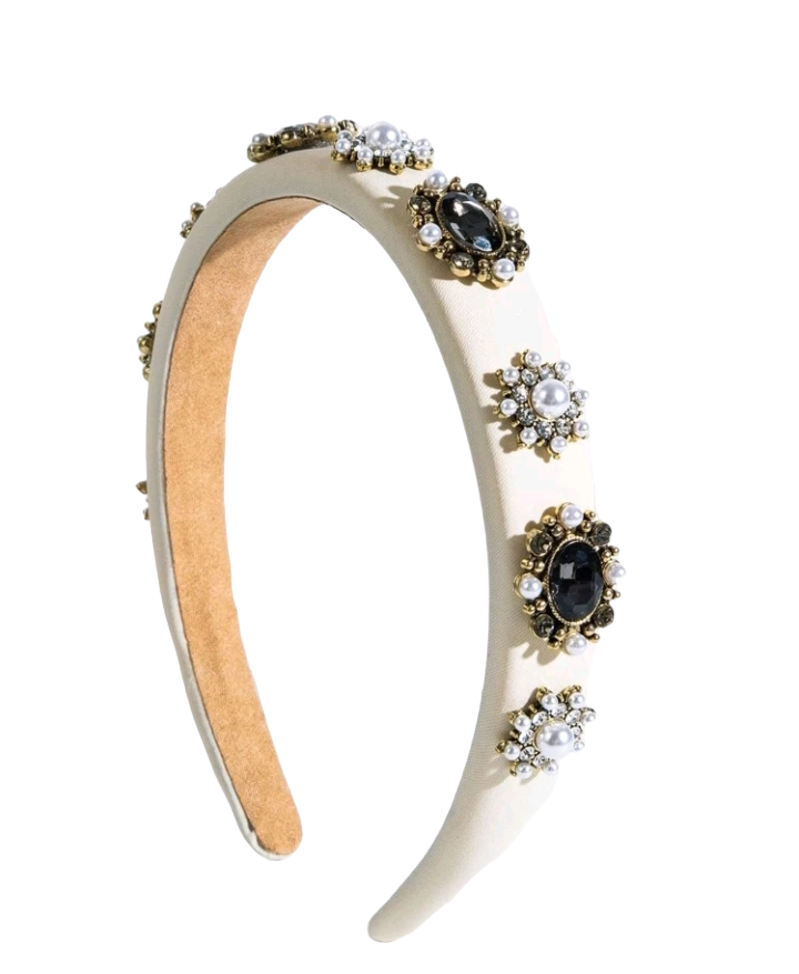 A glamorous headband adorned with beige cubic zirconia and faux pearl flowers, creating an opulent and stylish hair accessory.