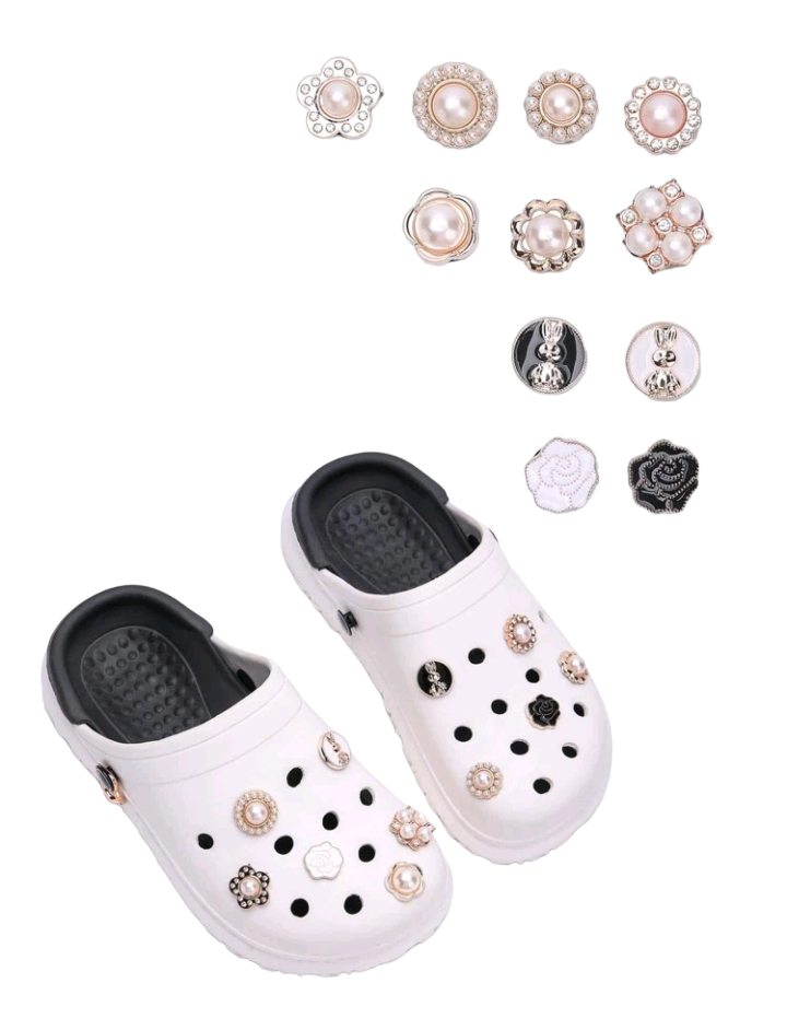 A set of eleven shoe decorations featuring metal and faux pearl designs, perfect for adding an elegant touch to footwear.