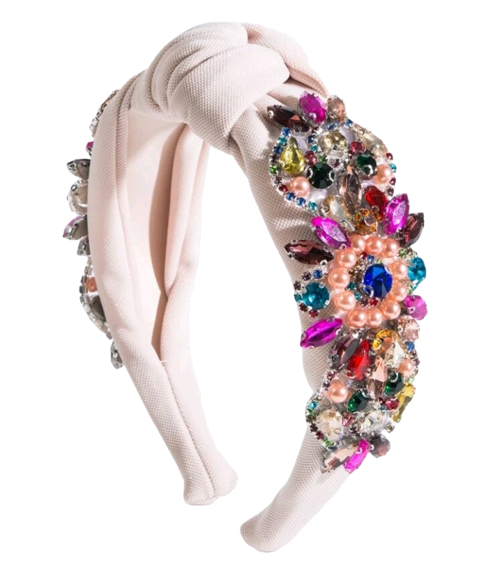 A Beige Cubic Zirconia Decor Headband featuring a row of shimmering cubic zirconia gemstones in a beige setting, creating a luxurious and stylish hair accessory with a neutral color palette.