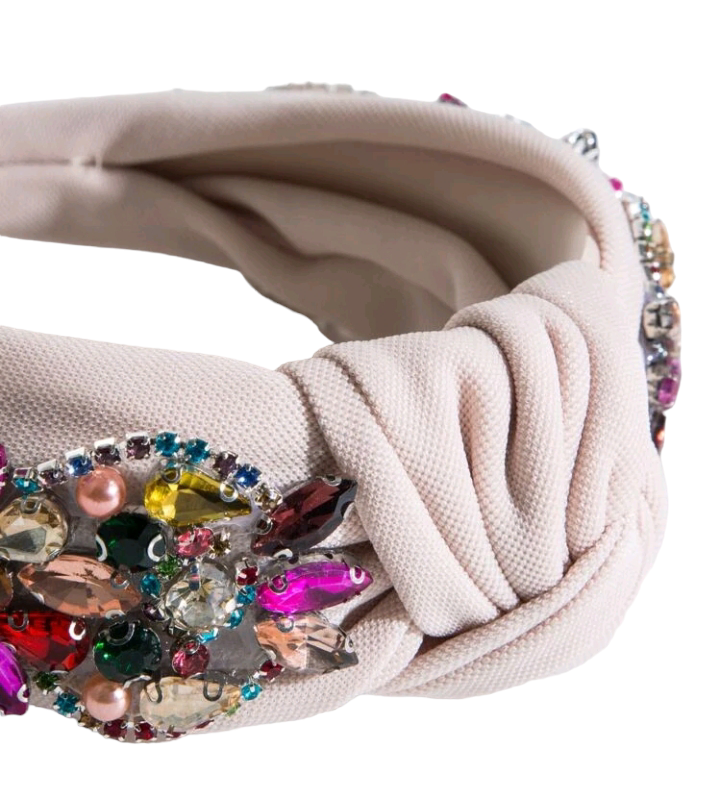 A Beige Cubic Zirconia Decor Headband featuring a row of shimmering cubic zirconia gemstones in a beige setting, creating a luxurious and stylish hair accessory with a neutral color palette.