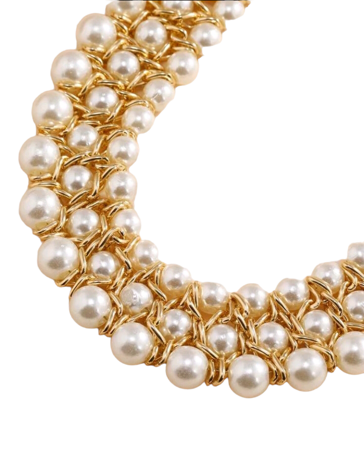 Image of a faux pearl beaded layered necklace, featuring multiple strands of lustrous pearl-like beads elegantly arranged, creating a sophisticated and timeless accessory for any outfit or occasion.