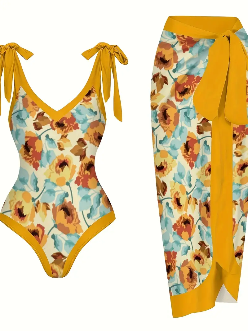 Bow Tie Shoulder Straps V Neck One-piece Bathing-suit & Cover Up Skirt