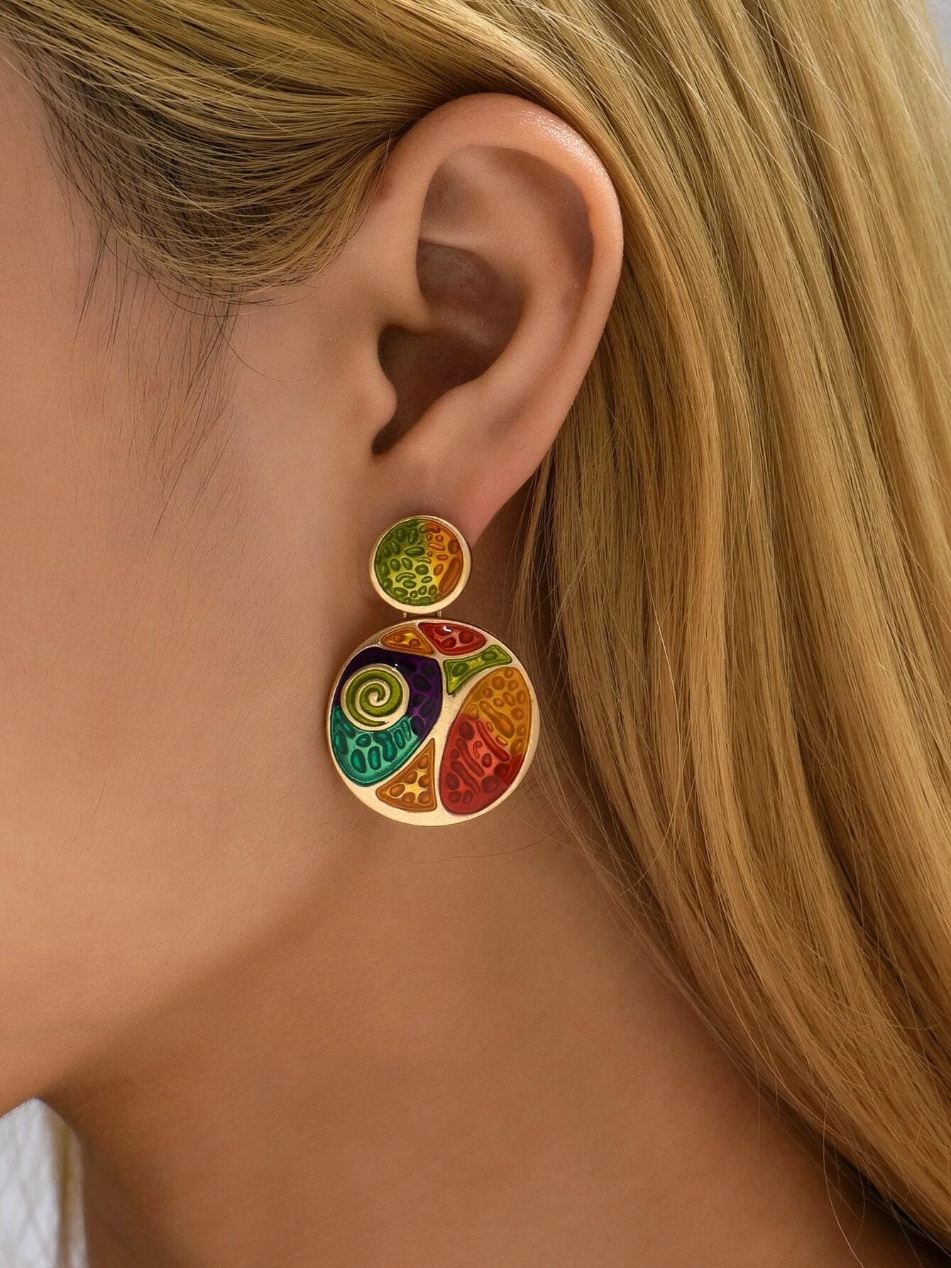 Color Block Round Drop Earrings on Display.