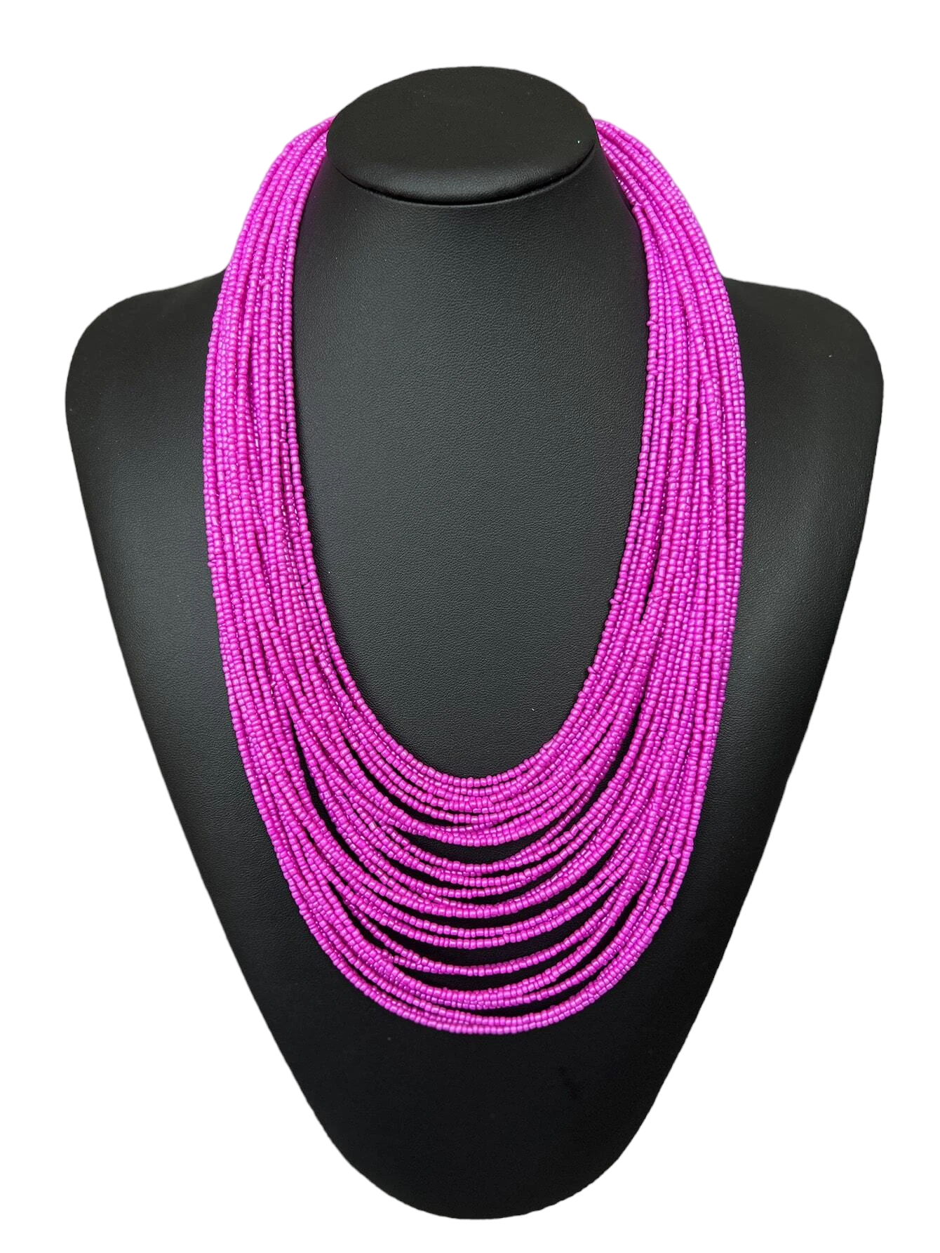 Chic layered necklace composed of solid beads. The necklace showcases multiple strands of beads in a variety of sizes, shapes, and colors, creating a textured and stylish accessory. The beads are strung together in a layered arrangement, offering a contemporary and versatile addition to your ensemble.