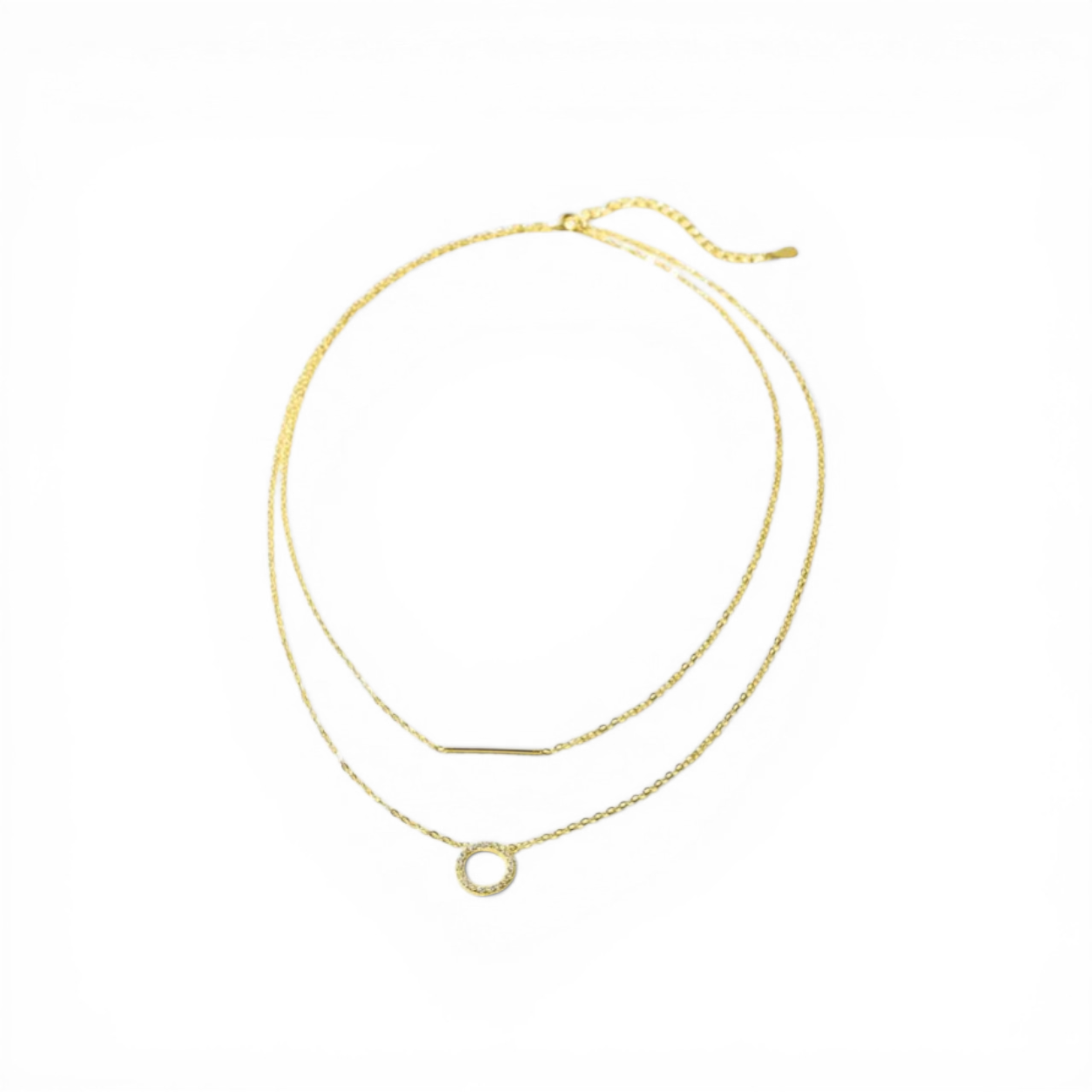 925 Sterling Silver Golden Color Round Open Circle Cubic Zirconia with Long Stick Bar Layered Necklace