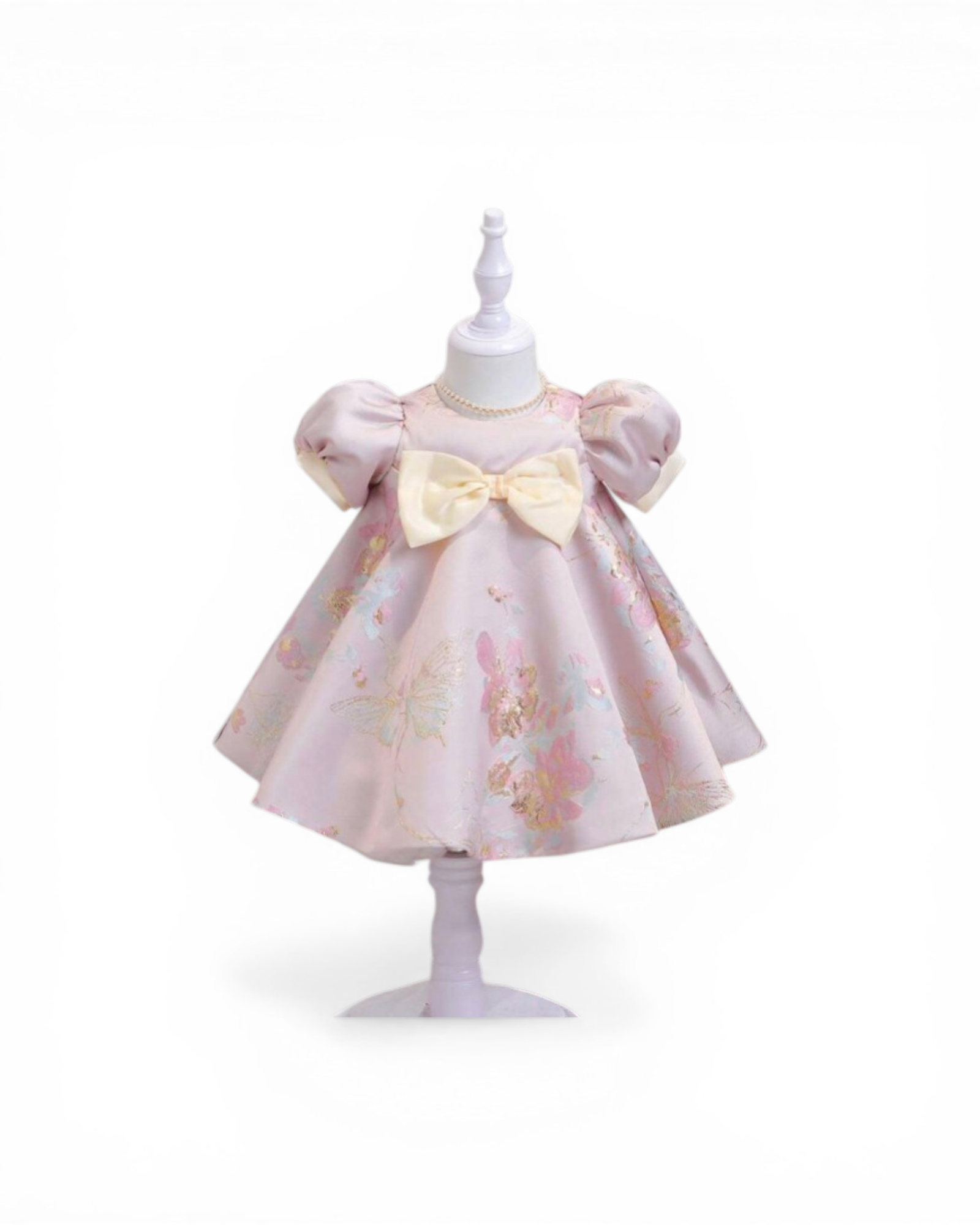 Baby Girls Floral Print Bow Front Puff Sleeve Dress
