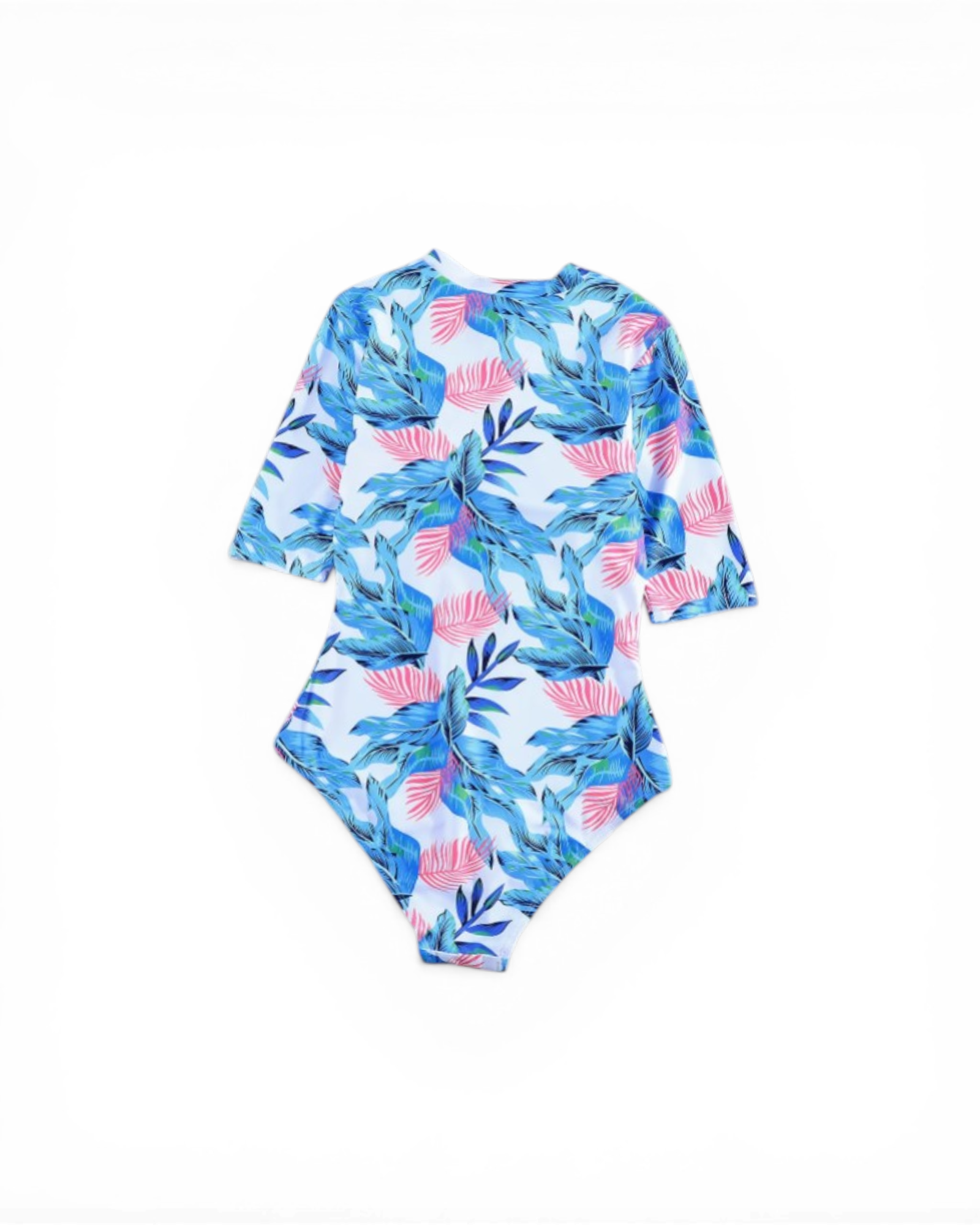 Red Blue Leaves Zip Front Half Sleeve One Piece Swimsuit