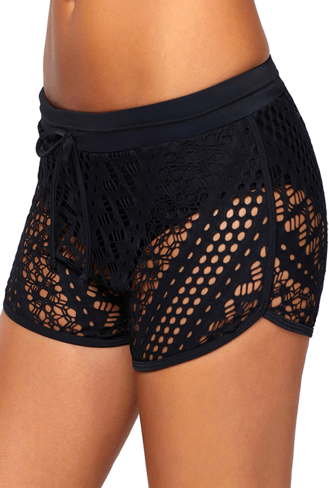 Black swim shorts with intricate hollow-out lace overlay. These shorts feature a sophisticated design with delicate lace patterns layered over a black base. The lace overlay adds a touch of elegance to the swimwear, creating a stylish and fashionable look. The shorts provide both comfort and coverage, making them a versatile choice for poolside or beach activities. The combination of black color and lace detailing exudes a sense of refinement and charm.