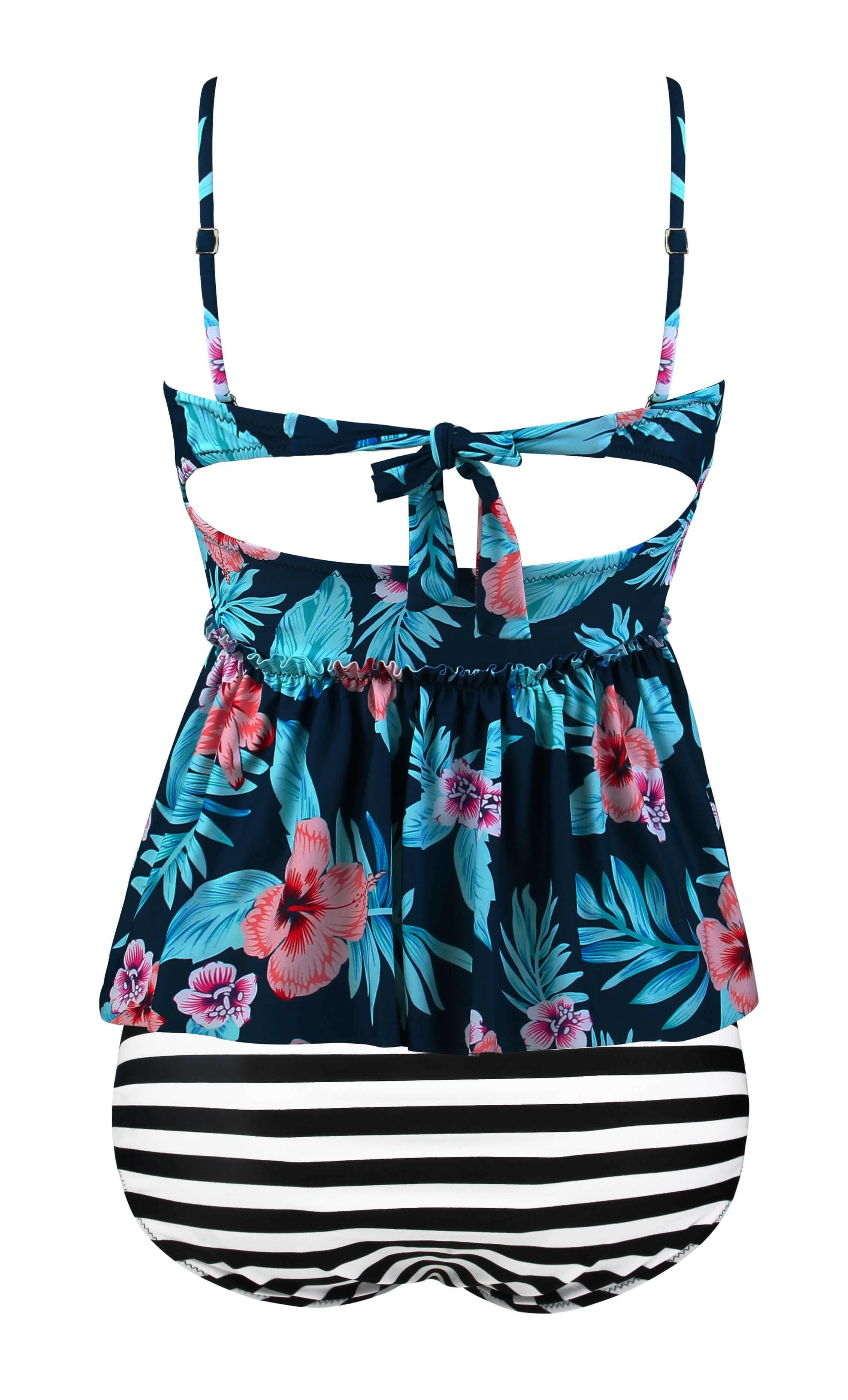 A blue 2-piece tankini swimsuit with a floral print and flounce design.