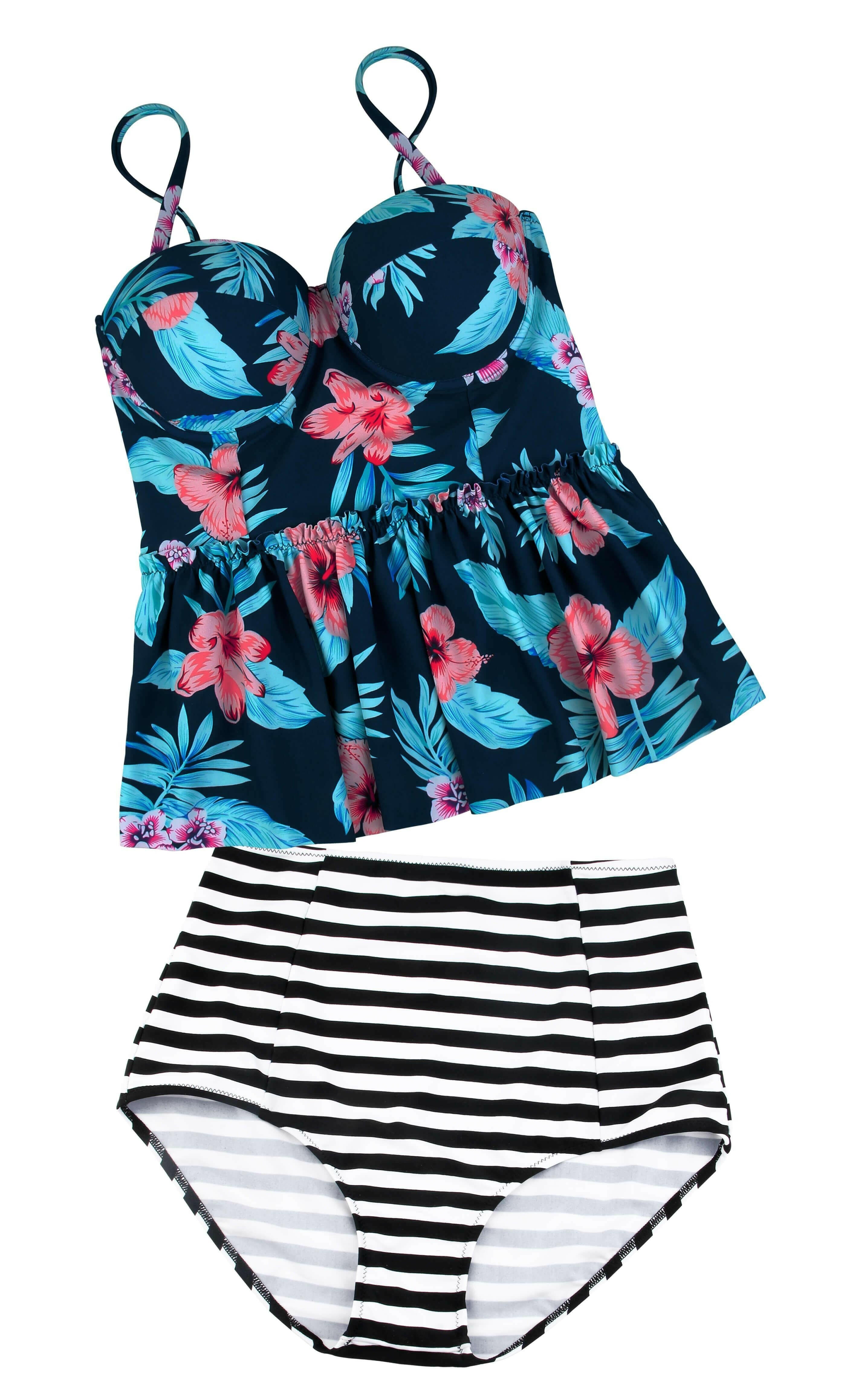 A blue 2-piece tankini swimsuit with a floral print and flounce design.