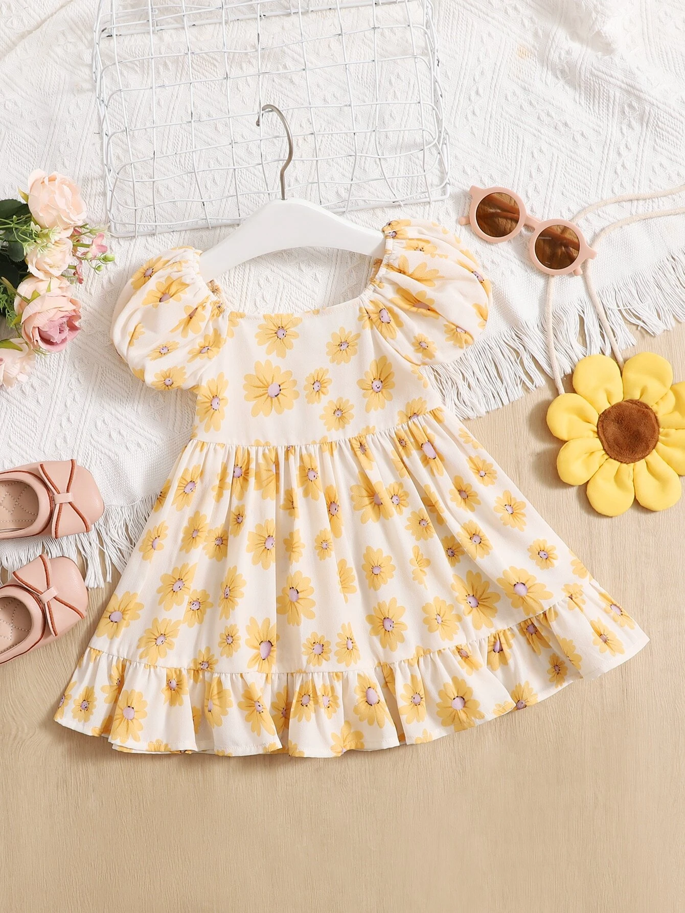 Baby Floral Print Puff Sleeve Ruffle Hem Dress