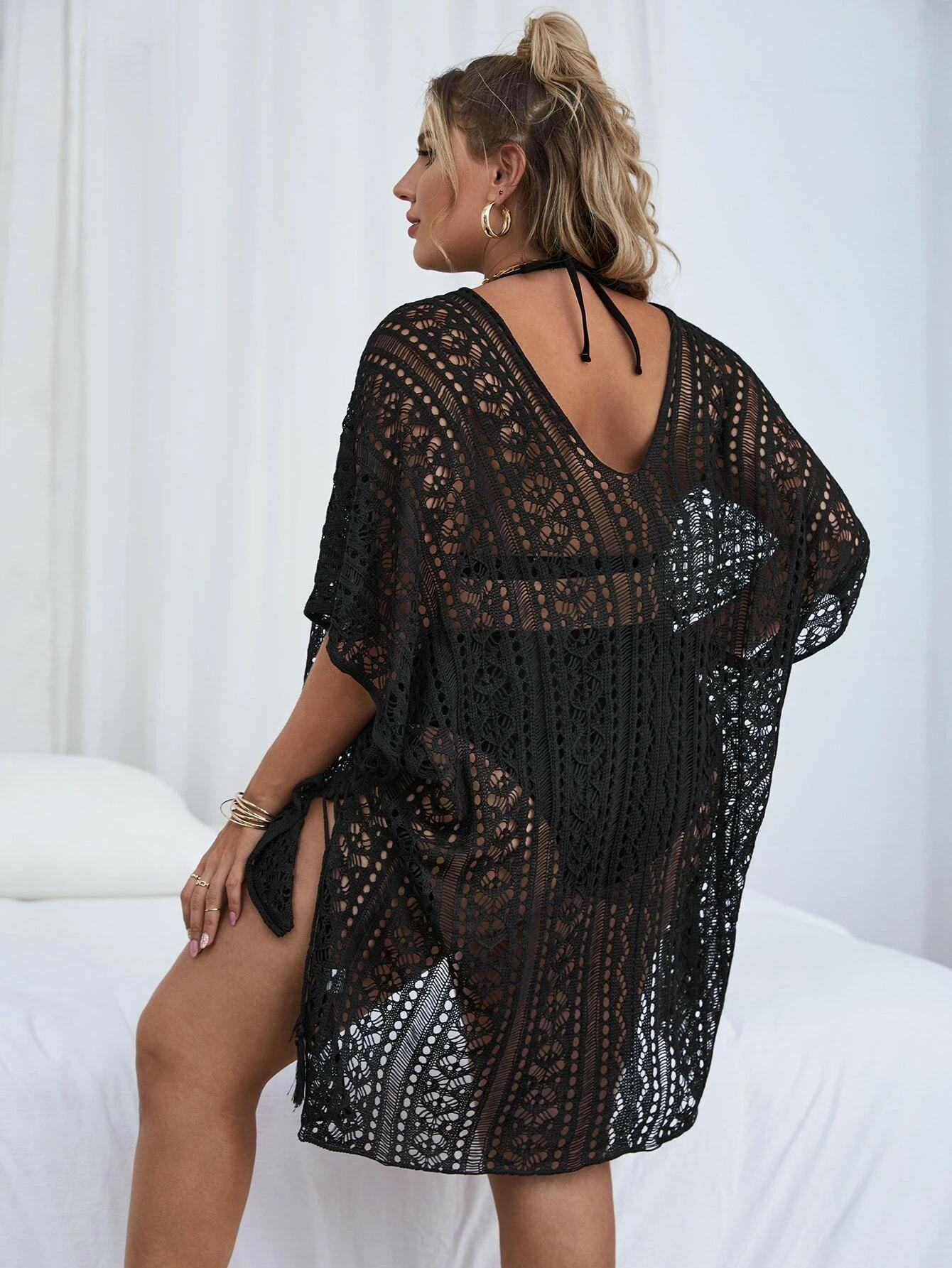 Plus size knitted hollow out cover-up, a fashionable and inclusive beachwear accessory. This cover-up features a knitted fabric with intricate hollow-out patterns, designed for larger sizes. Its textured design and openwork detailing make it a stylish choice for layering over swimwear. The plus size fit ensures comfort and confidence, adding a touch of elegance to your beach ensemble.