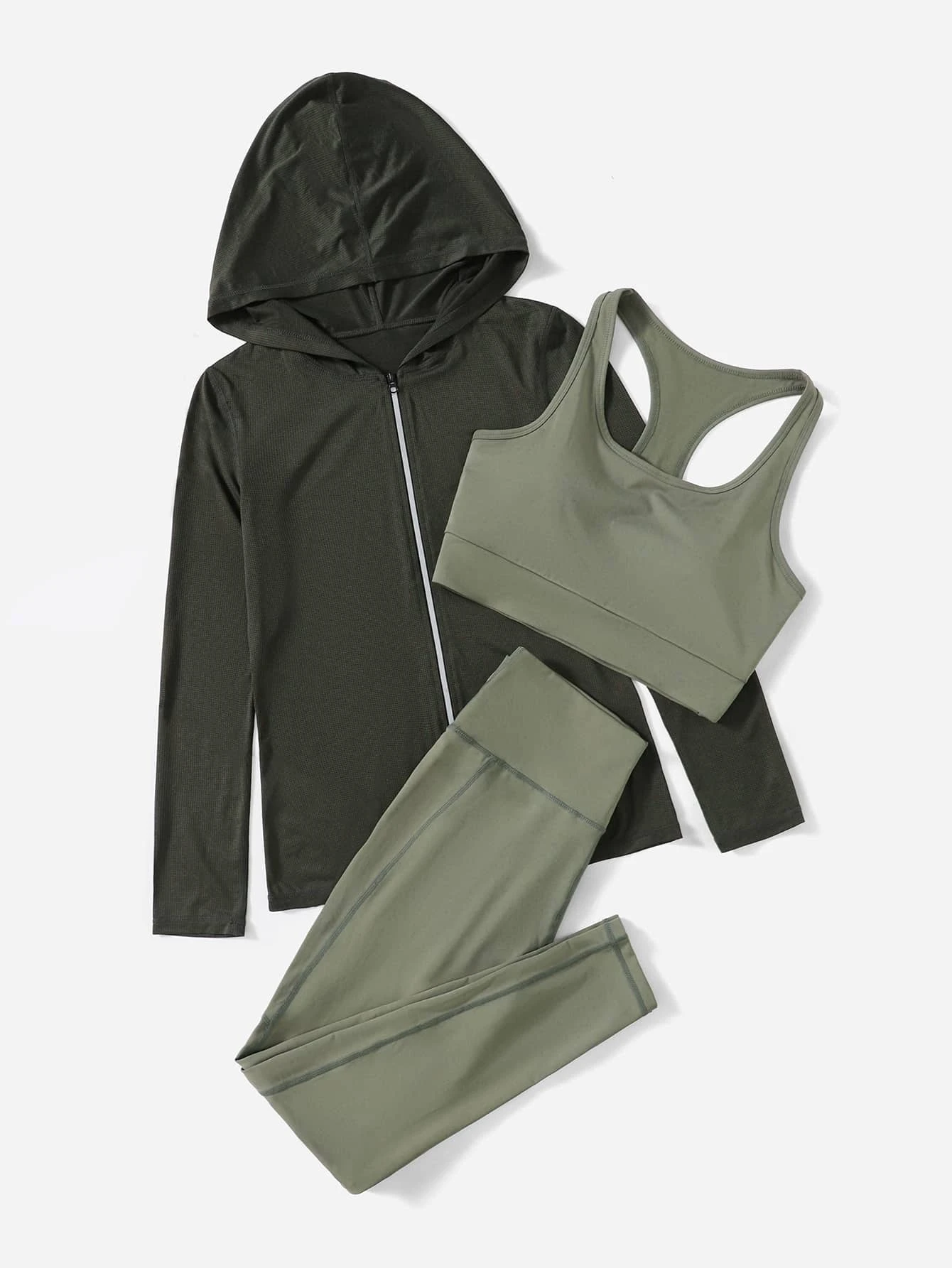 Image of a 3-piece breathable sports set. The set includes a top, leggings, and matching accessories, all crafted from breathable materials, providing comfort and functionality for various physical activities.