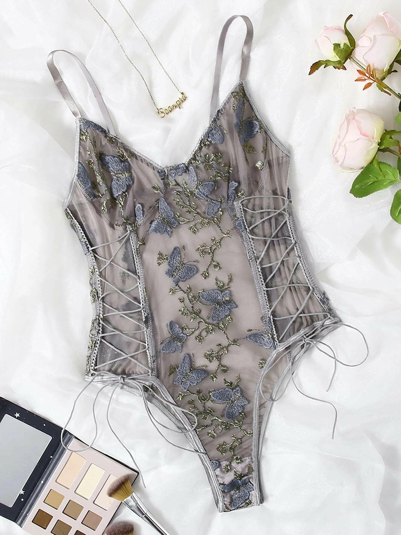 Gray Butterfly Embroidered Mesh Teddy Bodysuit