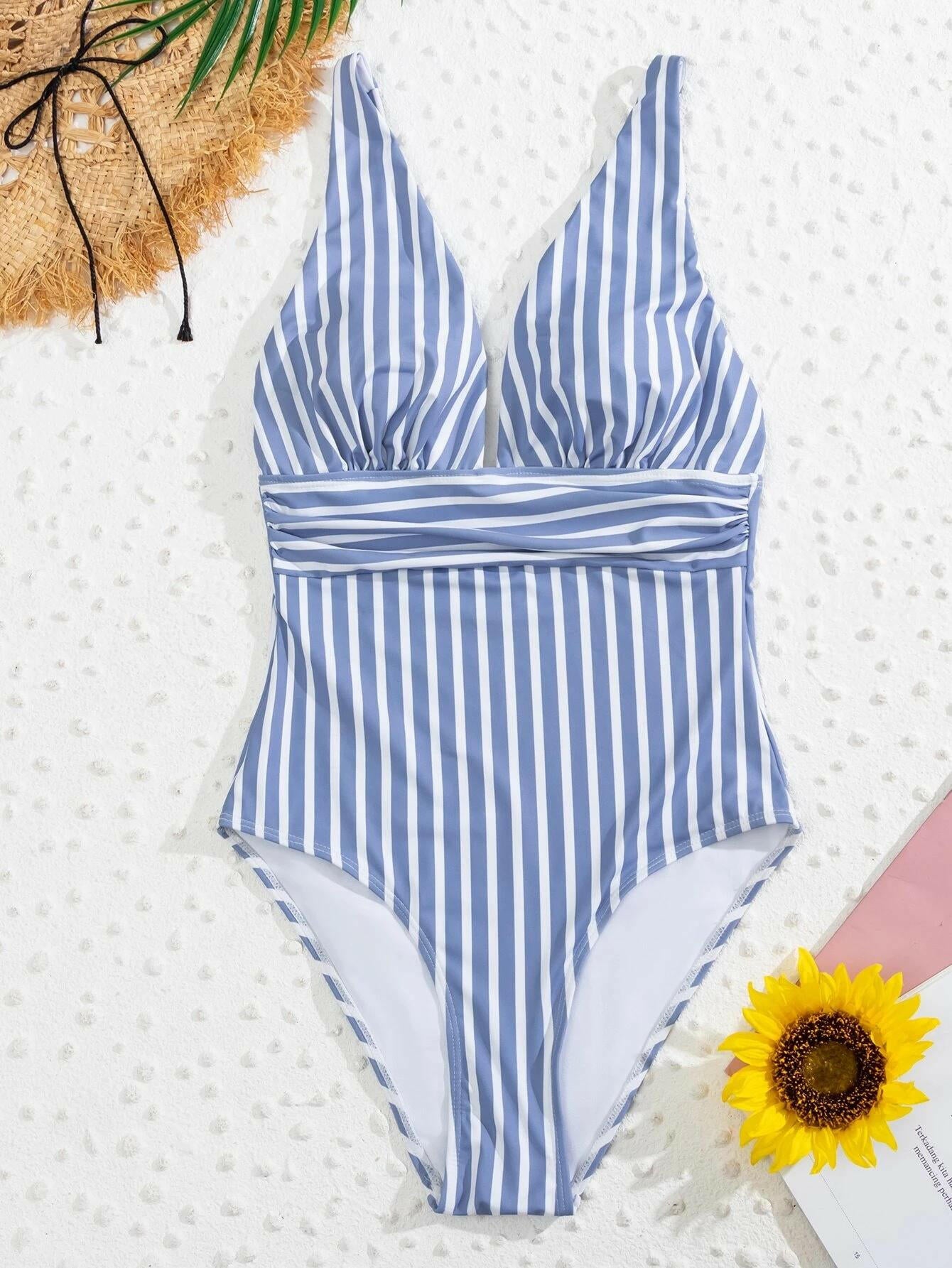 Striped Plunging One-Piece Swimsuit