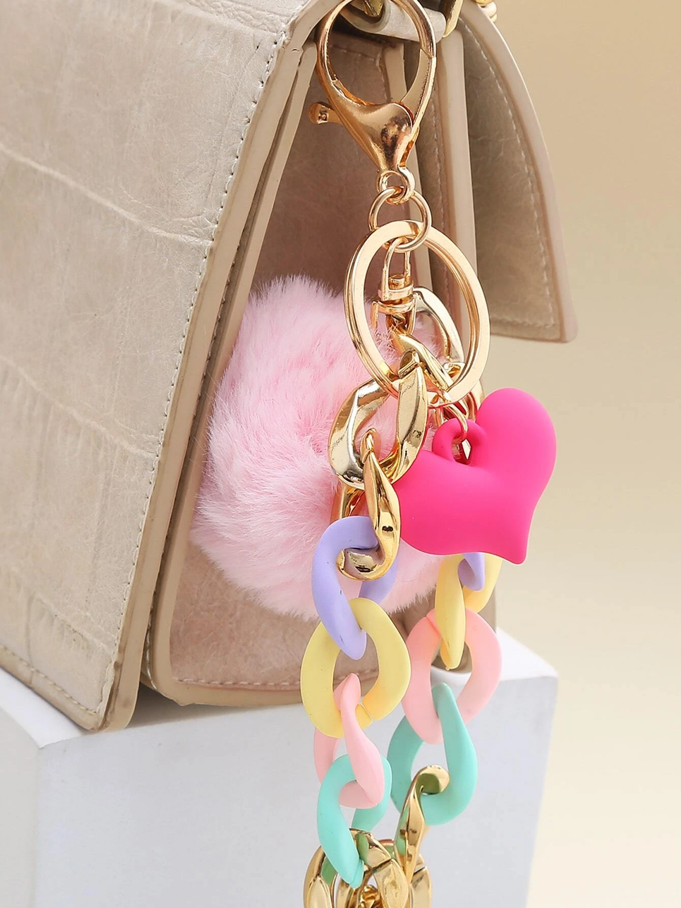 Fluffy Heart Colorful Chain Charm Keychain