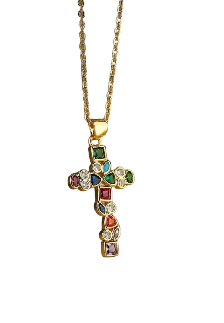 A necklace featuring a colorful cubic zirconia cross charm pendant. The pendant showcases a cross design adorned with vibrant cubic zirconia gemstones in various colors, suspended from a delicate chain. This necklace is both eye-catching and symbolic, adding a touch of elegance and spiritual significance to different outfits.