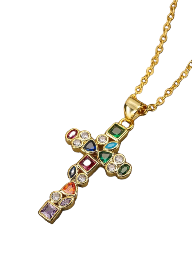 A necklace featuring a colorful cubic zirconia cross charm pendant. The pendant showcases a cross design adorned with vibrant cubic zirconia gemstones in various colors, suspended from a delicate chain. This necklace is both eye-catching and symbolic, adding a touch of elegance and spiritual significance to different outfits.