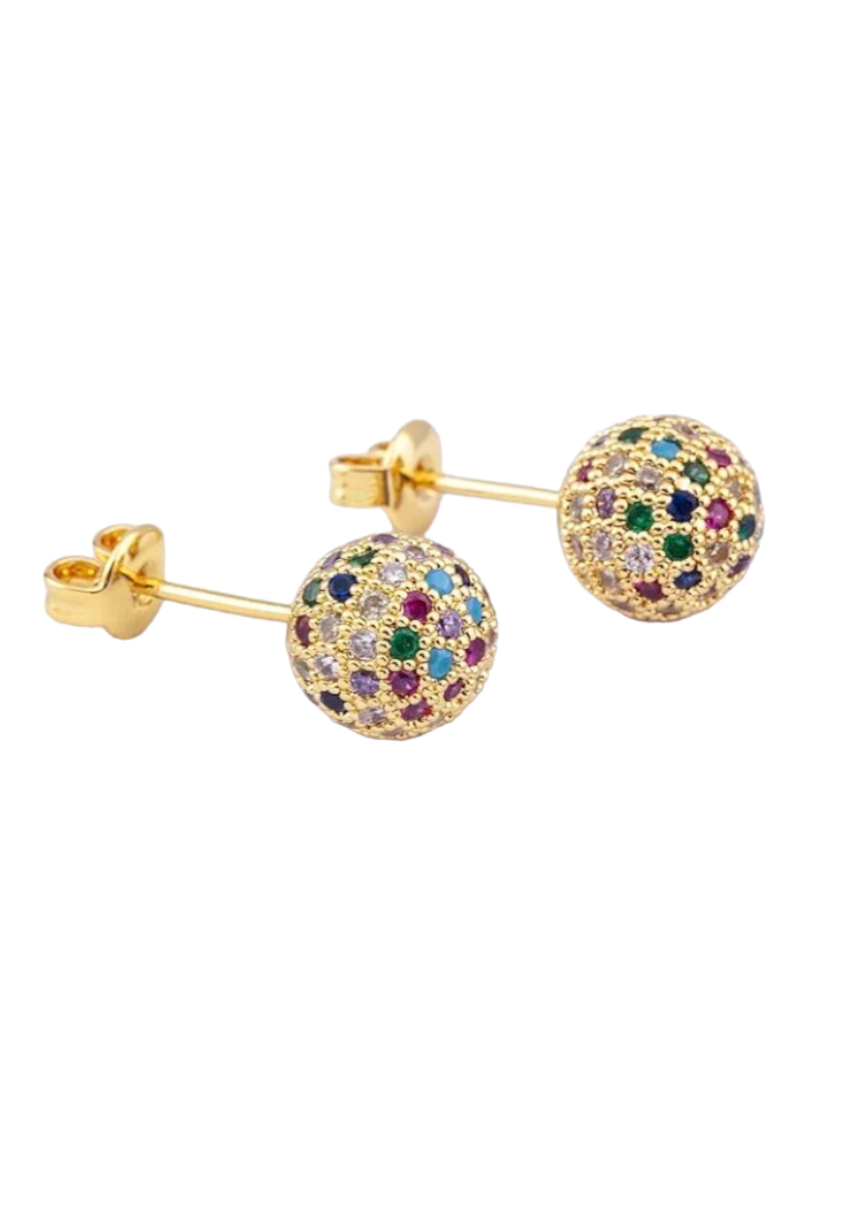 Cubic Zirconia-adorned stud earrings with a stylish ball design. These earrings showcase a gleaming ball adorned with sparkling Cubic Zirconia, combining sophistication and brilliance in a timeless accessory.