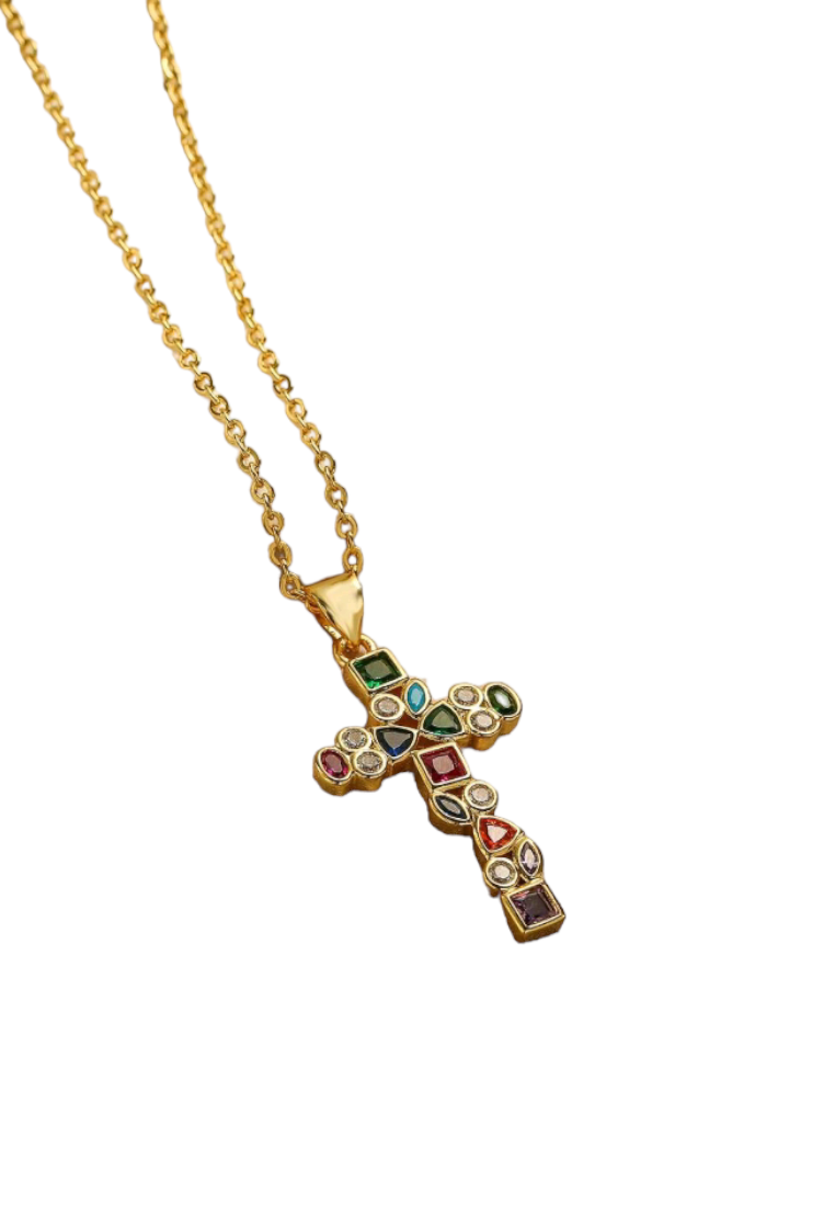 A necklace featuring a colorful cubic zirconia cross charm pendant. The pendant showcases a cross design adorned with vibrant cubic zirconia gemstones in various colors, suspended from a delicate chain. This necklace is both eye-catching and symbolic, adding a touch of elegance and spiritual significance to different outfits.