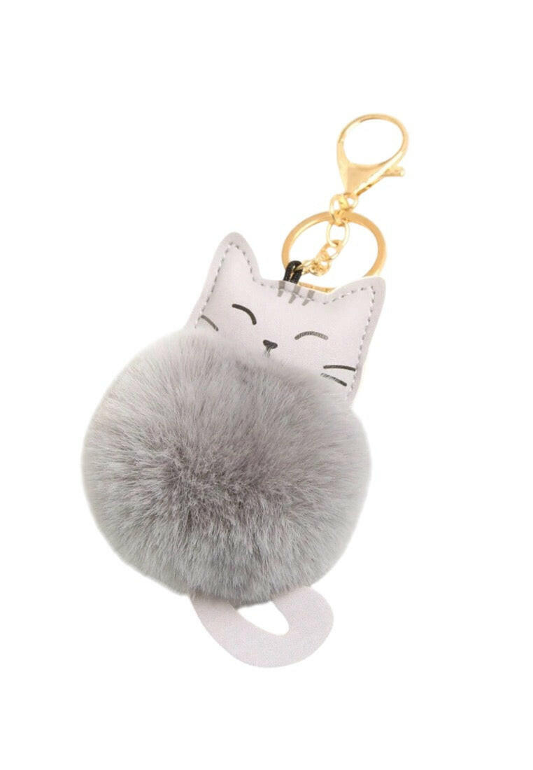 Grey Smiling Cat Fur Ball Keychain