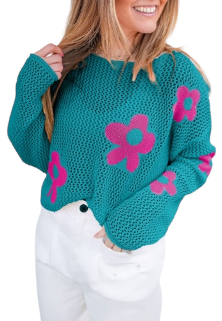 Sea Green Big Flower Hollowed Knit Drop Shoulder Sweater