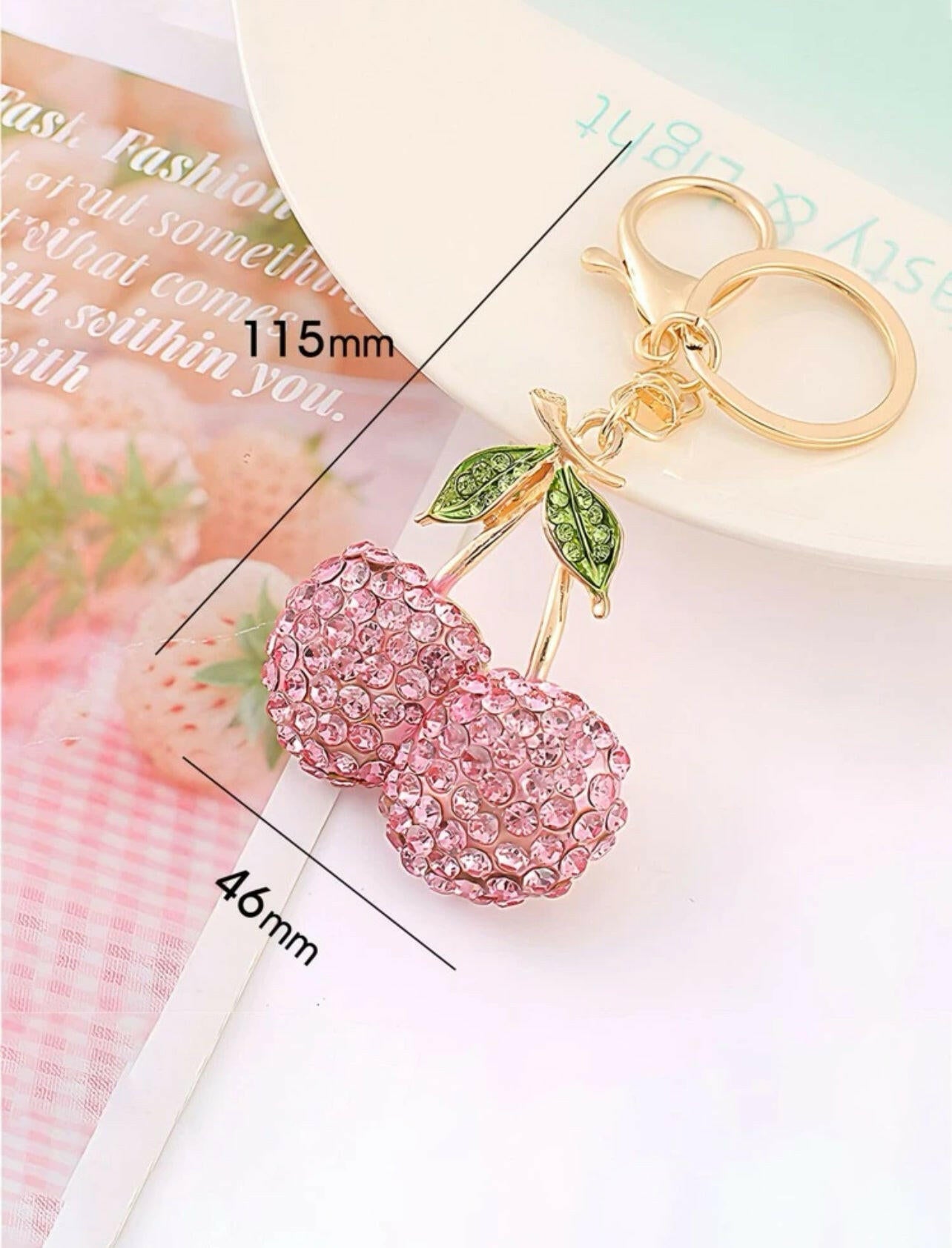 Pink Rhinestone Cherry Charm Keychain