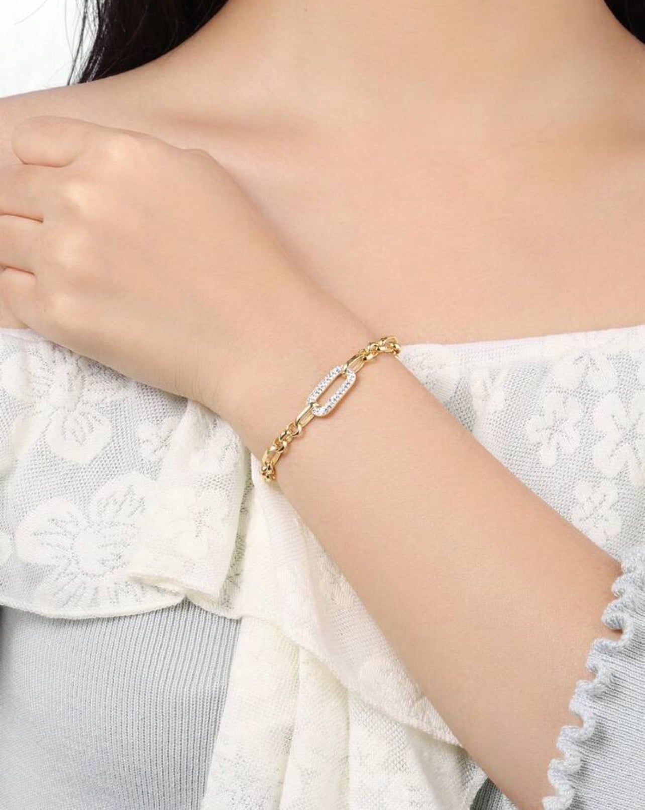 925 Sterling Silver 18K Gold Plated Crystal Mariner And Paperclip Link Bracelet