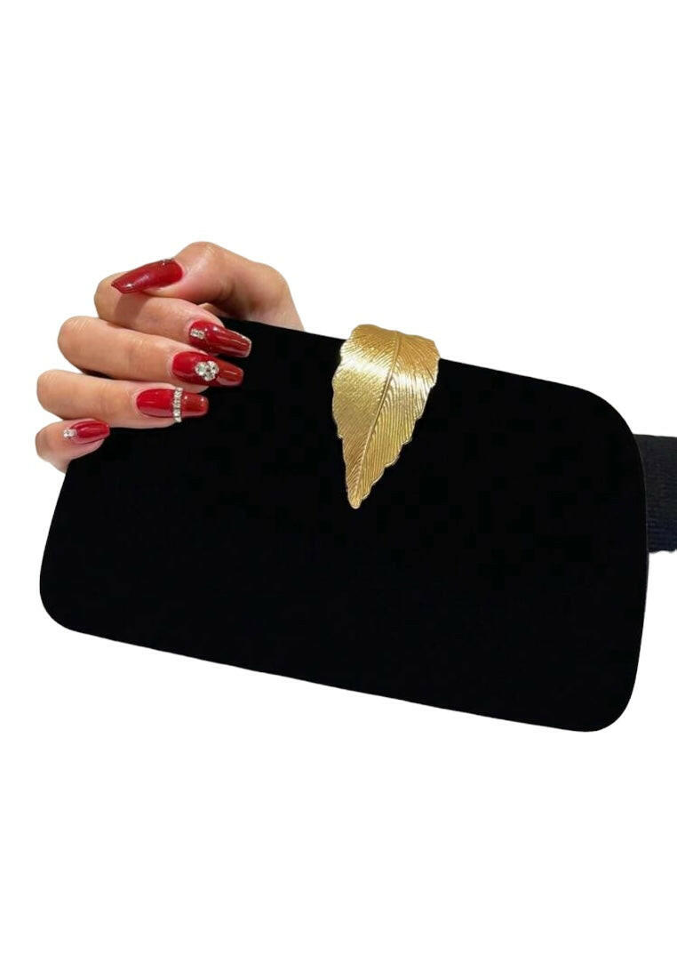 Black Evening Clutch with Elegant Golden Leaf Design Bag