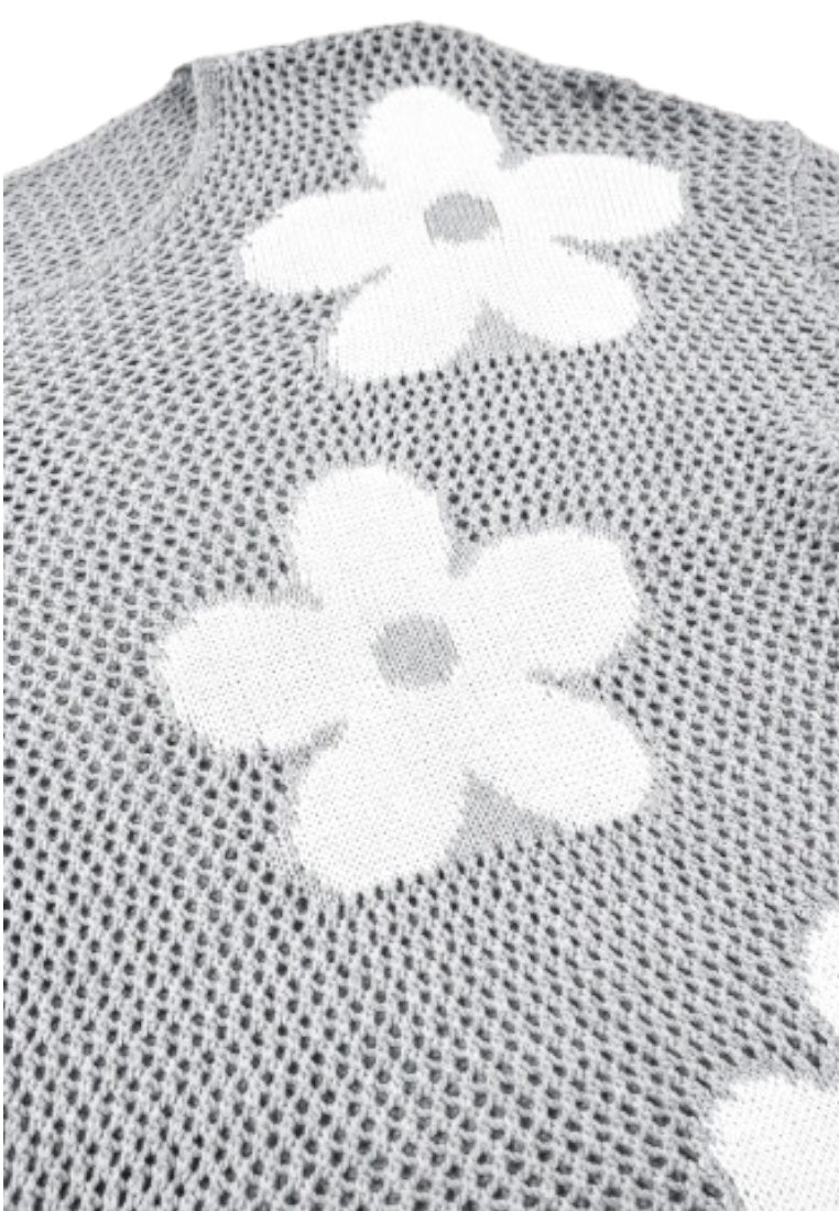 Light Grey Big Flower Hollowed Knit Drop Shoulder Sweater