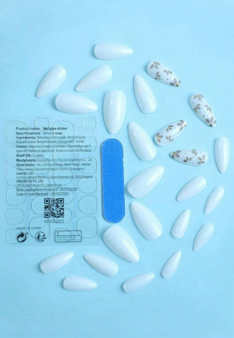 24 Pcs Almond Shape White Solid Color with Floral Design Press On Nails