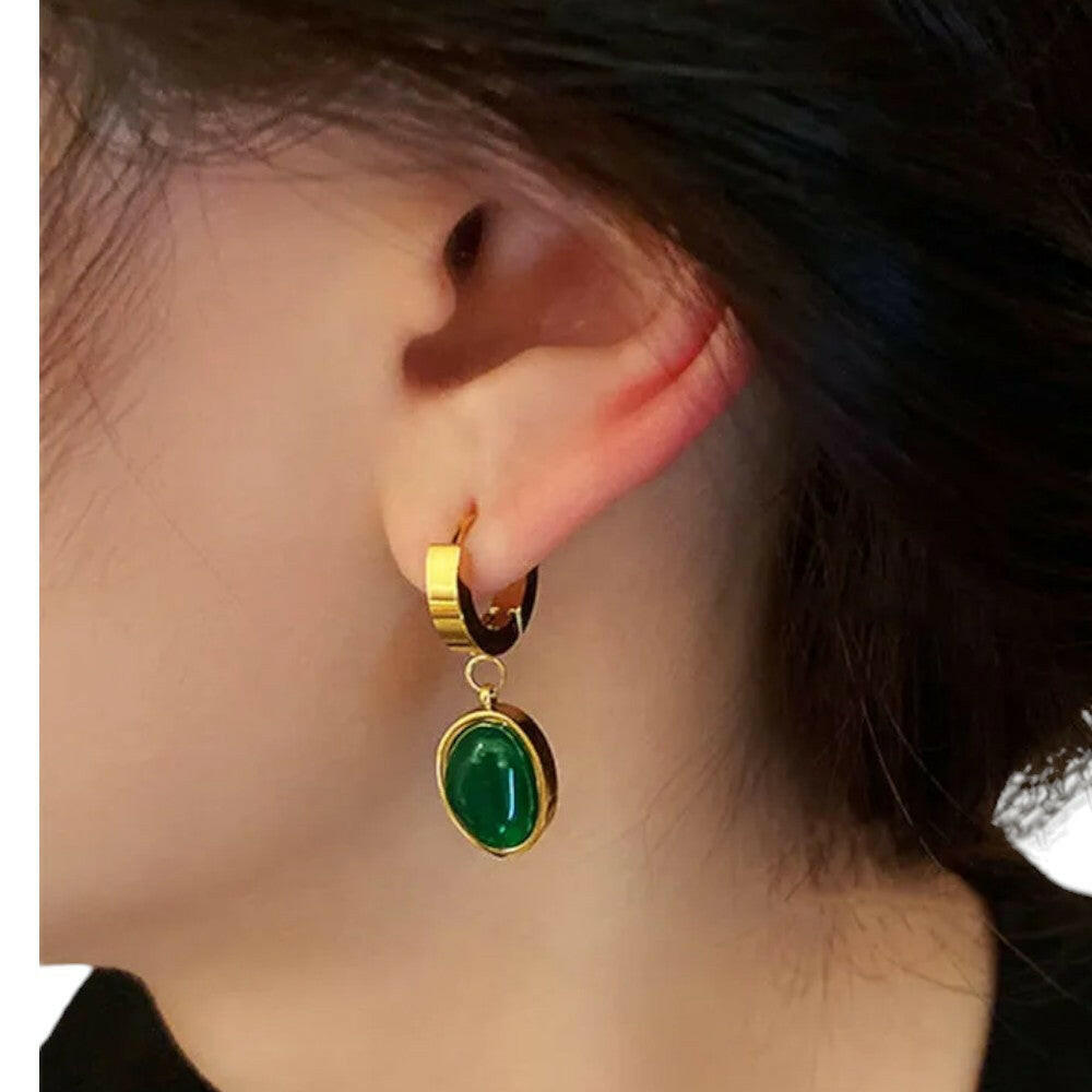 Retro Green Artificial Gem Oval  Earrings