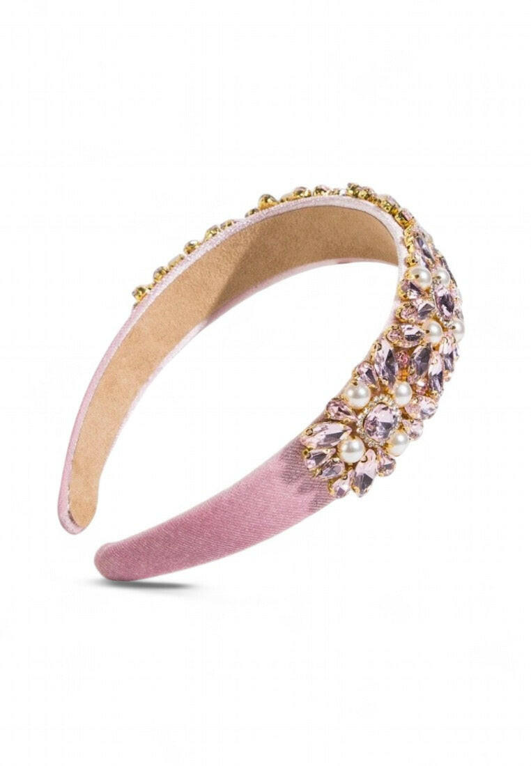 Pink Jewel Decorated Headband With Wide Side & Pearl Detail
