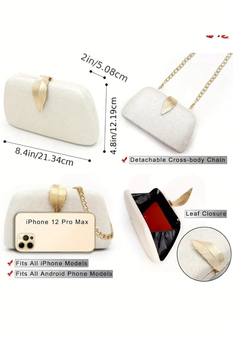 White Elegant Metal Leaf Clasp Evening Clutch Bag