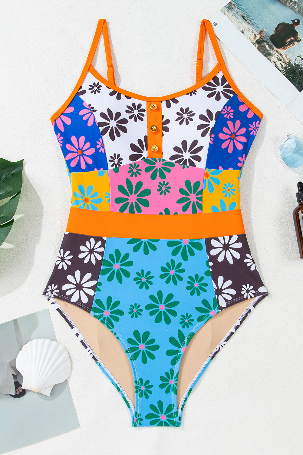 Orange Floral Colorblock Buttoned Décor Front Spaghetti Straps Teddy Swimsuit