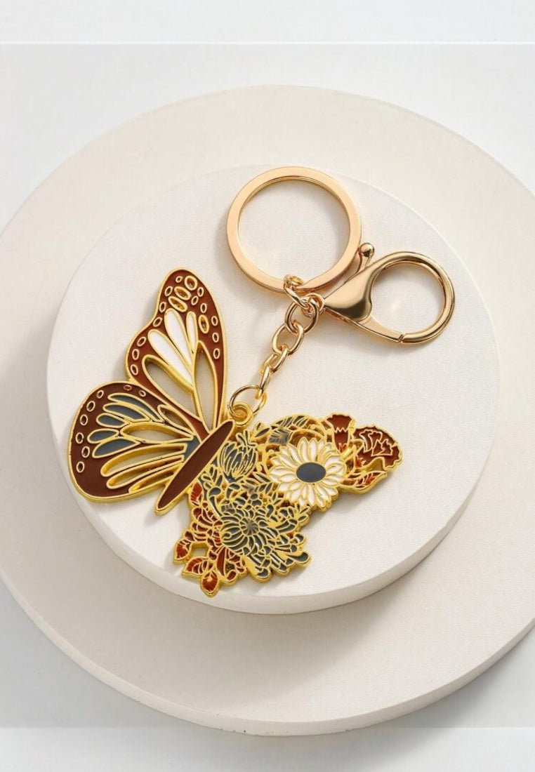 Brown Floral Butterfly Keychain
