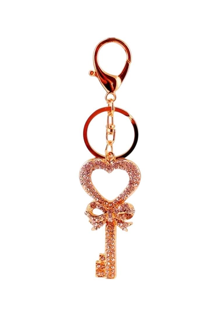 Pink Rhinestone Key-Shaped Keychain with Heart & Bow Charms