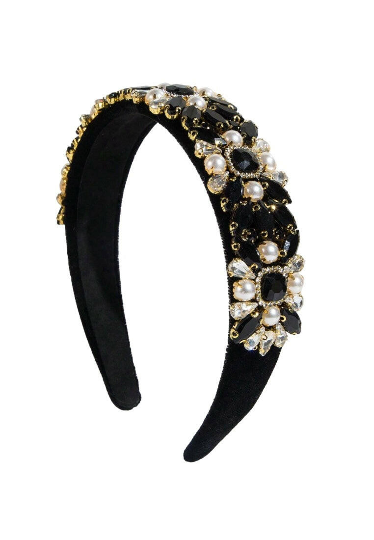 Black Jewel Decorated Headband With Wide Side & Pearl Detail