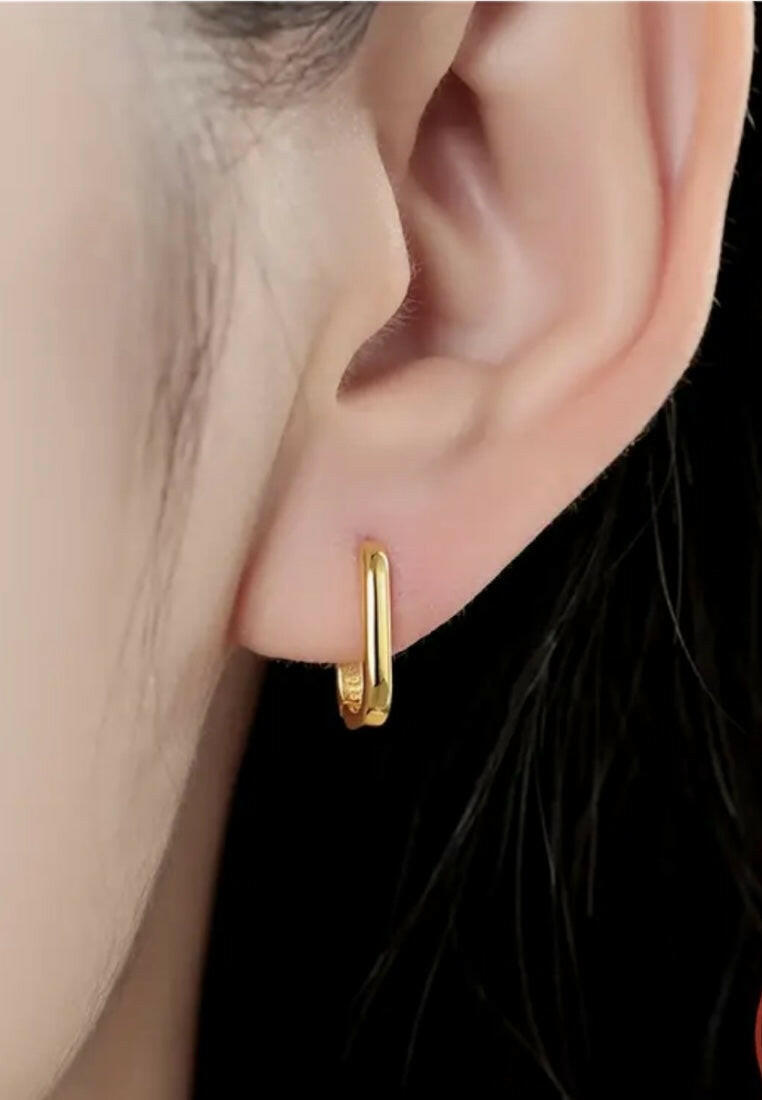 925 Sterling Silver Gold Hollow Rectangle Hoop Earrings