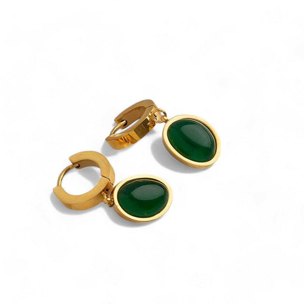 Retro Green Artificial Gem Oval  Earrings