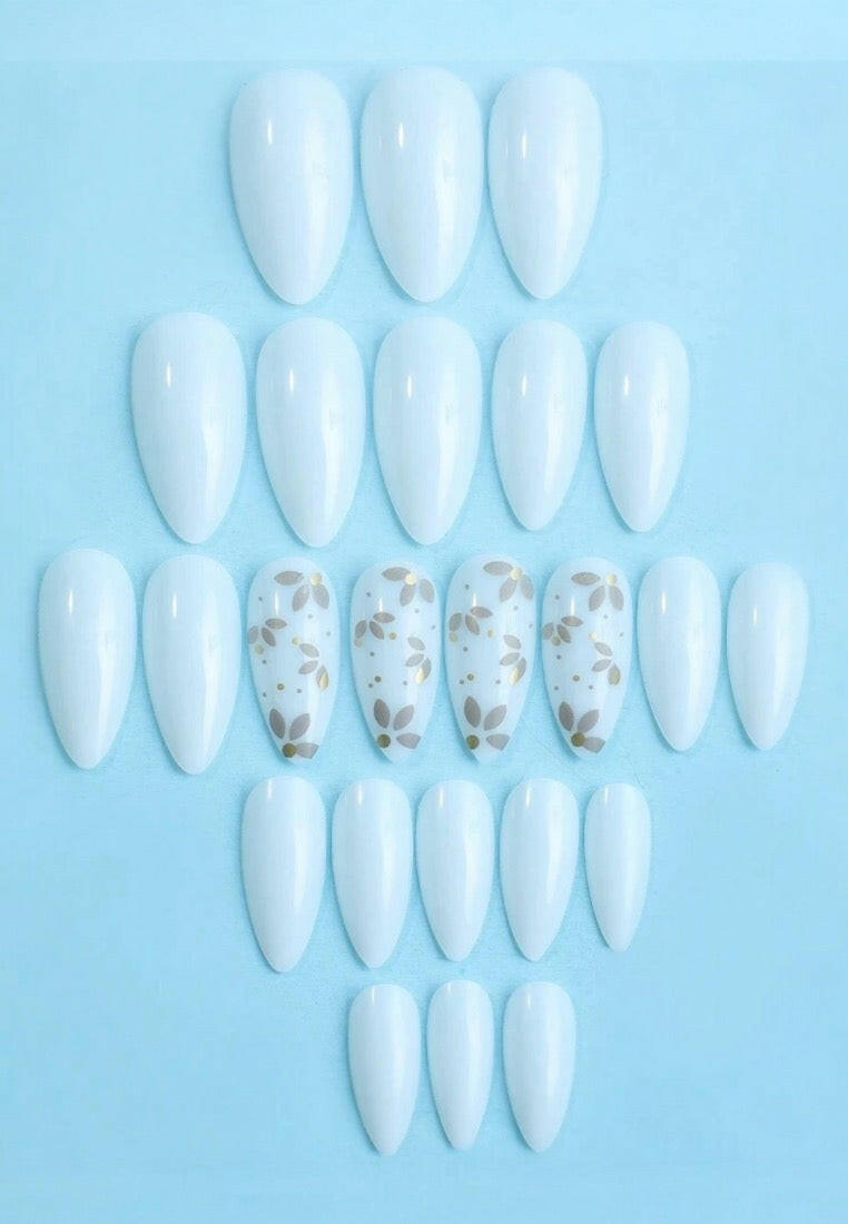 24 Pcs Almond Shape White Solid Color with Floral Design Press On Nails