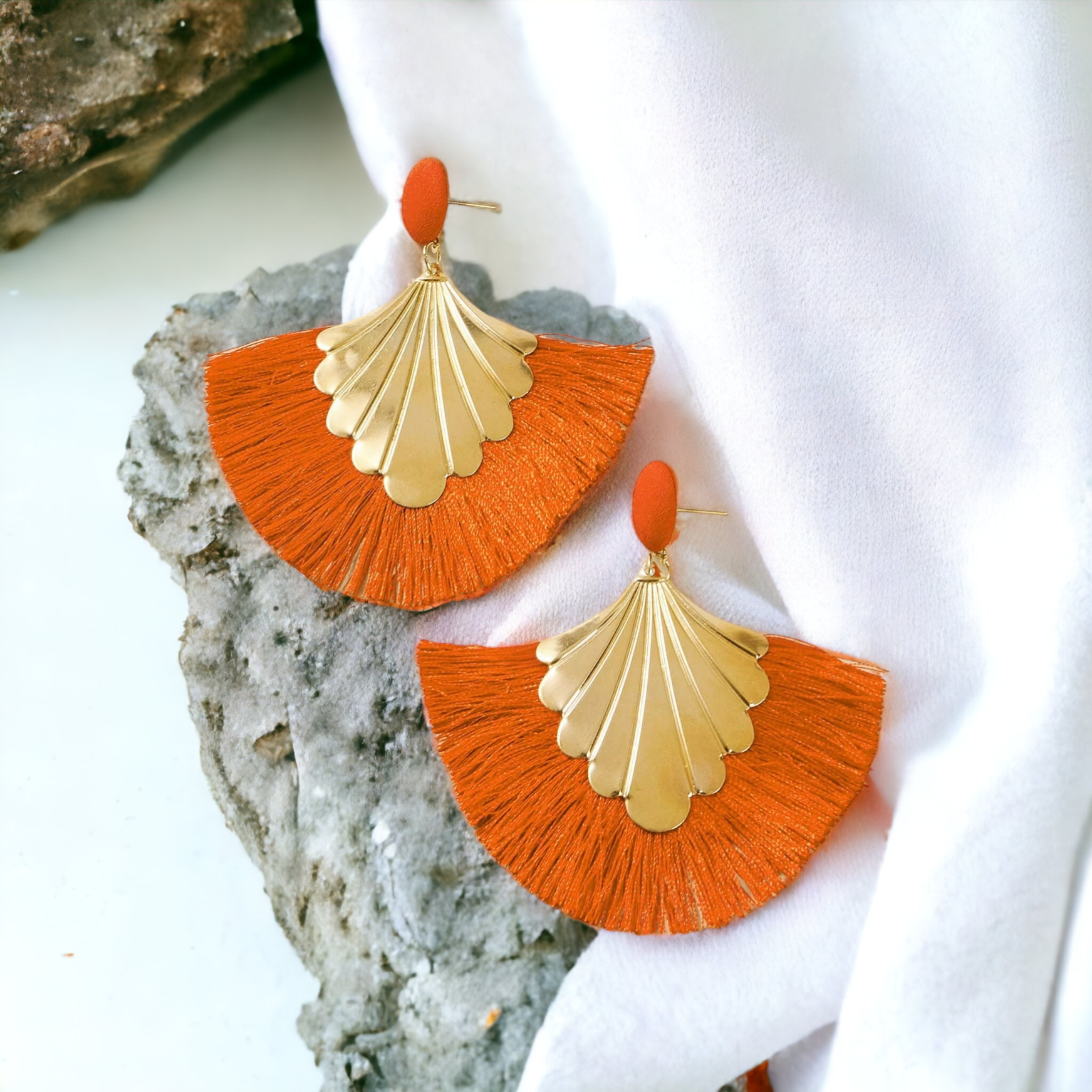 Orange Fan Tassel Earrings
