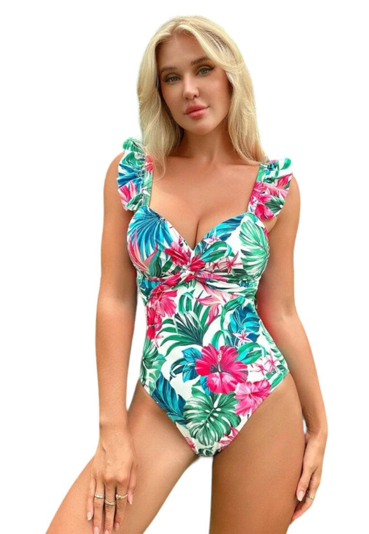 Tropical Print Ruffle Trim Twist Front Ruched One Piece Swimsuit