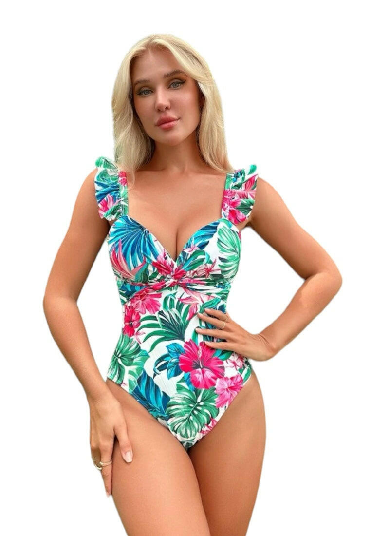 Tropical Print Ruffle Trim Twist Front Ruched One Piece Swimsuit