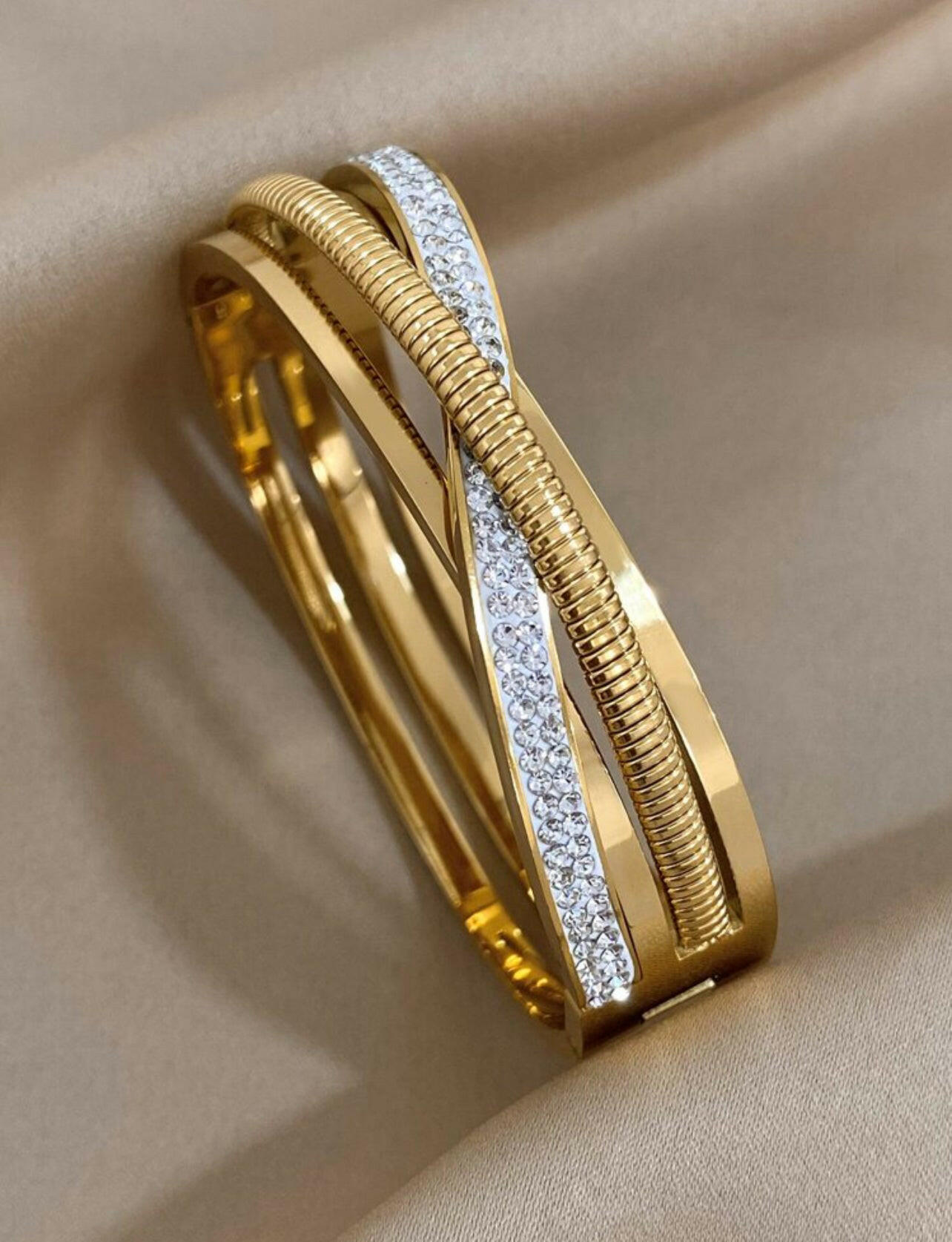 Crossed Rhinestone Stainless Steel Bangles Bracelets