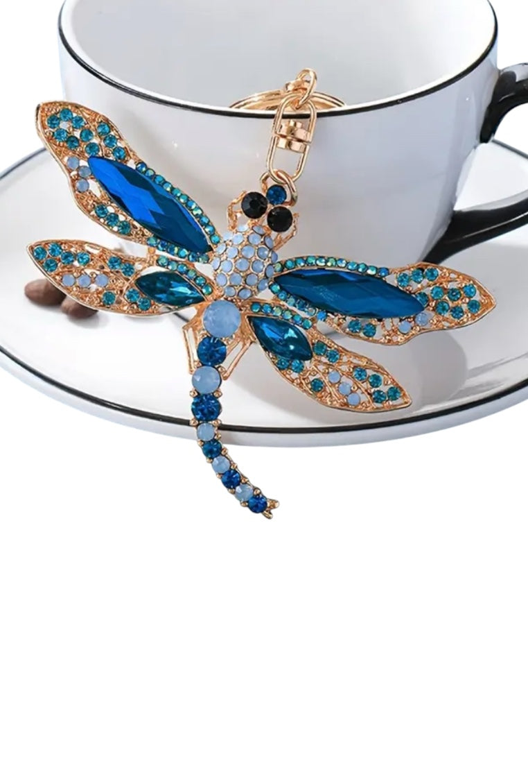 Blue Rhinestone Inlaid Hollow Dragonfly Keychain
