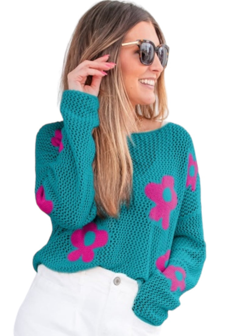 Sea Green Big Flower Hollowed Knit Drop Shoulder Sweater