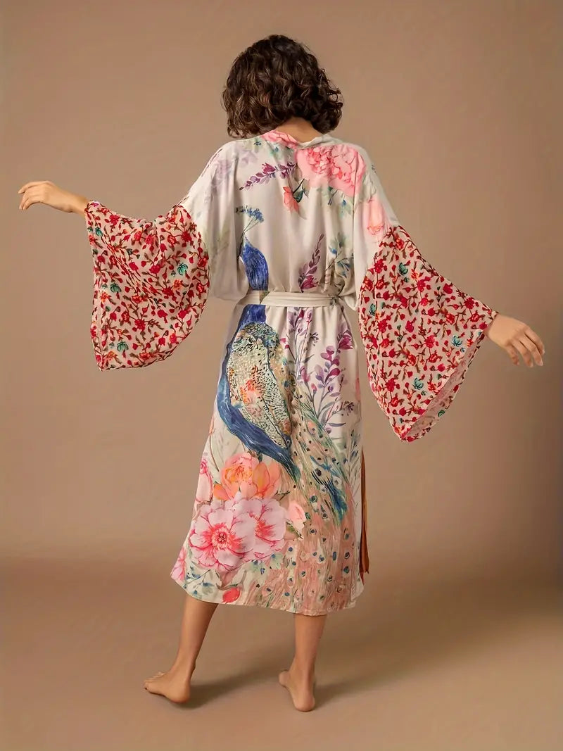 Add some flair to your beach vacation with our Floral Peacock Print Cover Up Kimono. Made with a vibrant and stylish floral peacock print, this cover up will ensure you stand out while providing coverage from the sun. Perfect for a day of lounging by the pool or a stroll on the beach.
