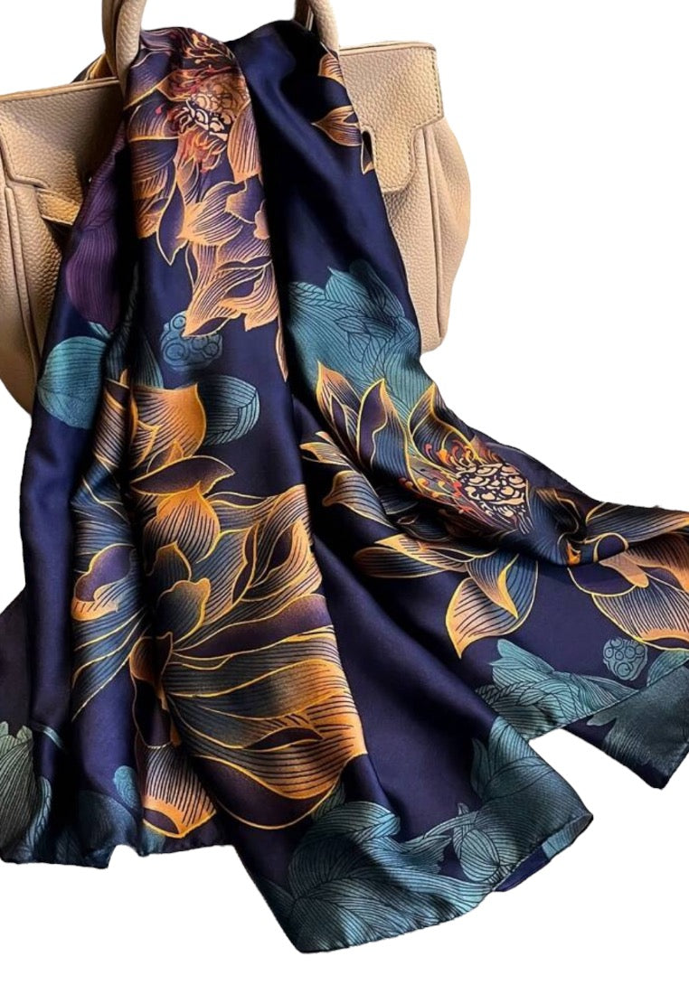 Navy Blue Floral Printed Scarf